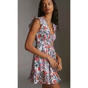 Anthropologie Floral Ruffle Mini Dress - White, green, blue and pink peregrine